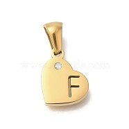 304 Stainless Steel Heart Pendants with Rhinestone, Golden, Letter F, 11x13x2.5mm, Hole: 5x3mm(STAS-Z103-01G-06)