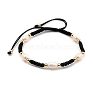 Adjustable Nylon Thread Braided Beads Bracelets, with Natural Cultured Freshwater Pearl Beads and Brass Beads, Real 18K Gold Plated, Black, Inner Diameter: 6~9cm(2-3/8~3-1/2 inch)(BJEW-JB05384-02)