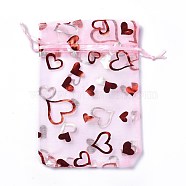 Organza Drawstring Jewelry Pouches, Wedding Party Gift Bags, Rectangle with Red Stamping Heart Pattern, Pearl Pink, 15x10x0.11cm(OP-I001-B11)