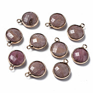 Natural Rhodonite Charms, Faceted, with Golden Plated Brass Edge and Loop, Flat Round, 14.5x11.5x4.5mm, Hole: 1.5mm(G-Q998-026C)