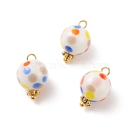 Handmade Lampwork Pendants, with Golden Plated Brass Loops, Round with Polka Dot Pattern, Colorful, 14.5~15x9.5~10mm, Hole: 1.8mm(PALLOY-JF01534)