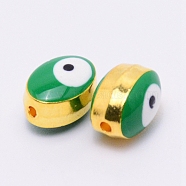 Double-Sided Enamel Alloy Beads, Enamelled Sequins, Lead Free & Cadmium Free, Oval with Evil Eye, Golden, Green, 10x7.5x6mm, Hole: 1.4mm(ENAM-WH0049-40G-03-RS)