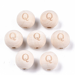 Unfinished Natural Wood European Beads, Large Hole Beads, Laser Engraved Pattern, Round with Word, Letter.Q, 15~16x14~15mm, Hole: 4mm(WOOD-S045-143A-01Q)