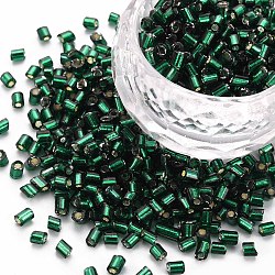 8/0 Glass Bugle Beads, Silver Lined, Dark Green, 2.5~3x2.5mm, Hole: 1mm, about 15000pcs/pound(SEED-S032-07A-53A)