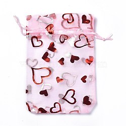 Organza Drawstring Jewelry Pouches, Wedding Party Gift Bags, Rectangle with Red Stamping Heart Pattern, Pearl Pink, 15x10x0.11cm(OP-I001-B11)