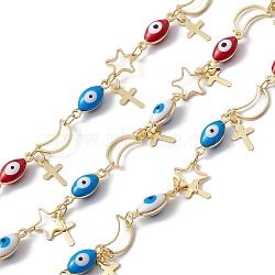 Enamel Horse Eye & Star & Moon Link Chains, with Brass Cross Chamrs, Real 18K Gold Plated, Soldered, with Spools, Colorful, 13x5x4.5mm, 8.5x8.5x0.8mm, 10x6x0.8mm(CHC-C003-26G-03)
