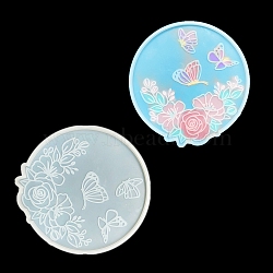 Flat Round with Flower & Butterfly Cup Mat Silicone Molds, Resin Casting Molds, for UV Resin & Epoxy Resin Craft Making, White, 160x155x8mm(DIY-M034-29)