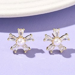 Flower Brass Cubic Zirconia Stud Earrings, with ABS Plastic Pearl, Cadmium Free & Lead Free, Long-Lasting Plated, Rack Plating, Real 18K Gold Plated, Clear, 13.5x14mm(EJEW-P336-06G-02)