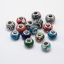 Handmade Lampwork Large Hole Rondelle European Beads, with Double Silver Color Plated Brass Cores, Mixed Color, 13~14x9~10mm, Hole: 4.5~5mm(LPDL-L003-08)