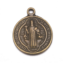 Antique Bronze Flat Round with Saint Benedict Tibetan Style Alloy Pendants, Cadmium Free & Nickel Free & Lead Free, Size: about 21mm long, 18mm wide, 2mm thick, hole: 1mm(X-TIBEB-A9489-AB-FF)