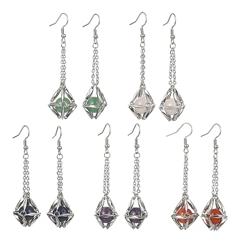 Natural Gemstone Dangle Earrings, Brass Macrame Pouch Long Drop Earrings, Stainless Steel Color, 66x17mm