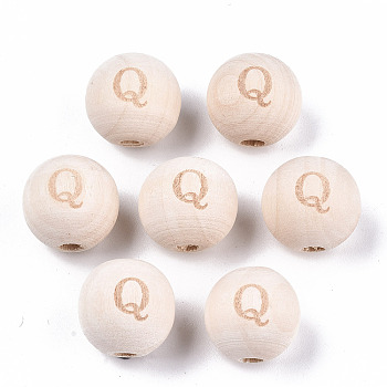 Unfinished Natural Wood European Beads, Large Hole Beads, Laser Engraved Pattern, Round with Word, Letter.Q, 15~16x14~15mm, Hole: 4mm