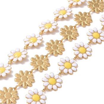 304 Stainless Steel Daisy Flower Link Chains with Enamel, Unwelded, Golden, White, 14x10x1mm