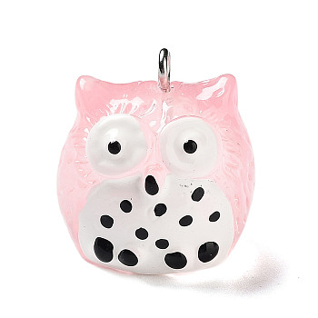 Translucent Resin Pendants, Owl Charms with Platinum Plated Iron Loops, Pink, 21x20x19.5mm, Hole: 2mm