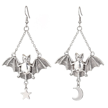 Alloy Pendants Earrings, with 304 Stainless Steel Finding, Bat, Antique Silver & Stainless Steel Color, 86x48mm