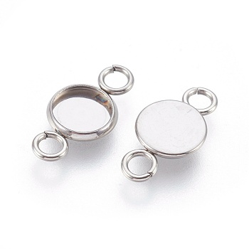 202 Stainless Steel Cabochon Connector Settings, Plain Edge Bezel Cups, with 304 Stainless Steel Loops, Flat Round, Stainless Steel Color, Tray: 6mm, 15.5x8x1.5mm, Hole: 2mm