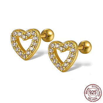 925 Sterling Silver Rhinestone Stud Earrings, Heart, Real 18K Gold Plated, 7.4x7mm