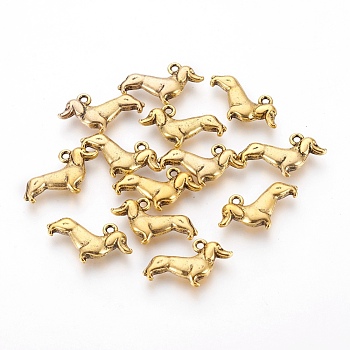 Tibetan Style Alloy Puppy Charms, Sausage Dog/Dachshund, Cadmium Free & Nickel Free & Lead Free, Antique Golden, 13x18x4mm, Hole: 2mm