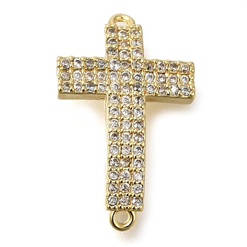 Brass Pave Clear Cubic Zirconia Connector Charms, Religion Cross Links, Real 16K Gold Plated, 22x13.5x4mm, Hole: 1.2mm