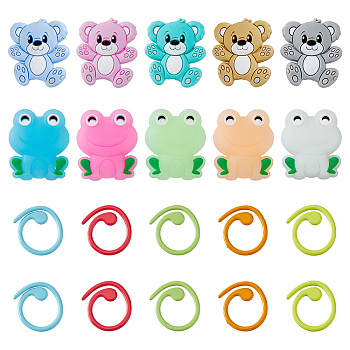 Bear & Frog Food Grade Eco-Friendly Silicone Needle Caps, withBaking Painted Zinc Alloy Knitting Stitch Marker Rings, Crochet Clips, Mixed Color, Rings: 14.5x1mm, 12pcs, Caps: 27~28x24x9~10mm, Hole: 2.3~3mm, 10pcs