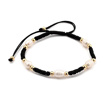 Adjustable Nylon Thread Braided Beads Bracelets, with Natural Cultured Freshwater Pearl Beads and Brass Beads, Real 18K Gold Plated, Black, Inner Diameter: 6~9cm(2-3/8~3-1/2 inch)