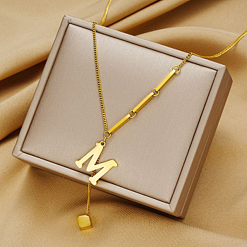 Fashionable Stainless Steel Letter M Pendant Necklaces for Women, Real 18K Gold Plated, 15.75 inch(40cm)