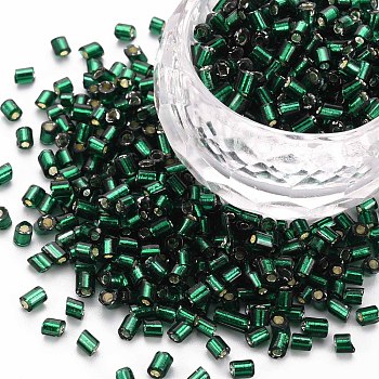 8/0 Glass Bugle Beads, Silver Lined, Dark Green, 2.5~3x2.5mm, Hole: 1mm, about 15000pcs/pound