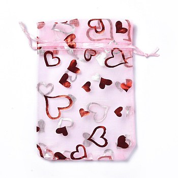 Organza Drawstring Jewelry Pouches, Wedding Party Gift Bags, Rectangle with Red Stamping Heart Pattern, Pearl Pink, 15x10x0.11cm
