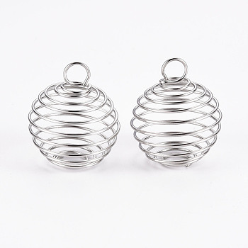 Iron Wire Pendants, Spiral Bead Cage Pendants, Round, Platinum, 28x23mm, Hole: 5mm