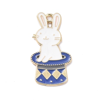Alloy Enamel Pendants, Light Gold, Rabbit with Magic Hat Charm, White, 30x16x1.5mm, Hole: 2mm
