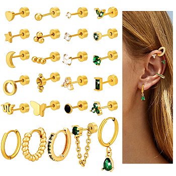 25Pcs Stainless Steel Pave Green and Clear Cubic Zirconia Cartilage Earring Sets, Mixed Shapes, Golden, 3~7.5x3~8.5mm