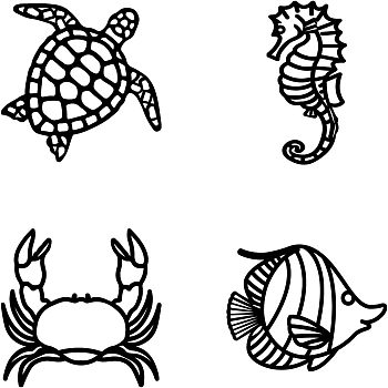 MDF Wood Wall Art Decorations, Home Hanging Ornaments, Tortoise & Sea Horse & Crab & Fish, Sea Animals, 300x150~300mm, 4pcs/set