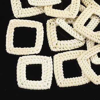 Handmade Reed Cane/Rattan Woven Linking Rings, For Making Straw Earrings and Necklaces,  Square, Lemon Chiffon, 44~48x44~48x5~6mm, Inner Measure: 23~26x23~26mm