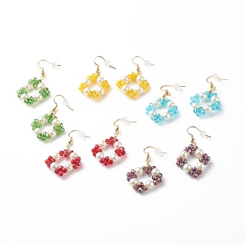 Bling Glass Beads Braided Dangle Earrings, Rhombus Drop Earrings for Women, Mixed Color, 49mm, Pin: 0.5mm