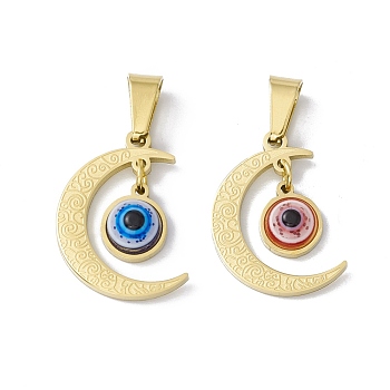 304 Stainless Steel Resin Pendants, Moon Charms with Evil Eye, Golden, Mixed Color, 20x14x4.5mm, Hole: 6.5x3mm