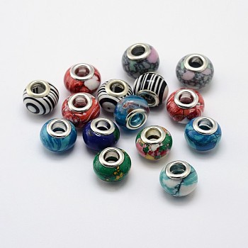 Handmade Lampwork Large Hole Rondelle European Beads, with Double Silver Color Plated Brass Cores, Mixed Color, 13~14x9~10mm, Hole: 4.5~5mm