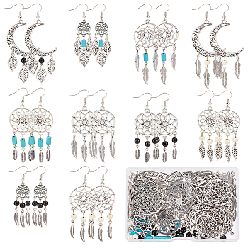 DIY Bohemia Chandelier Earring Making Kit, Iincluding Alloy Moon & Feather & Leaf Pendants & Link Connectors, Glass & Synthetic Turquoise Beads, Brass Earring Hooks, Antique Silver & Platinum, 211Pcs/box