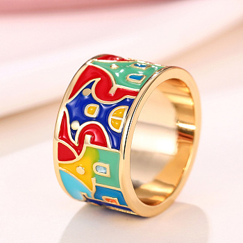 House Pattern Brass Enamel Finger Rings, Golden, 12mm,US Size 7(17.3mm)