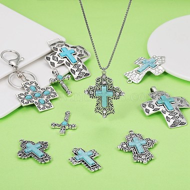 16 Pieces Turquoise+Alloy+Zircon Pendant Vintage Turquoise Cross Pendant Alloy Accessories DIY Necklace Accessories(8 styles)(JX640A)-5