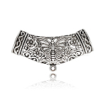 Tibetan Style Alloy Tube Bails, Loop Bails, Scarf Bail Beads, Tube with Butterfly and Flower Pattern, Antique Silver, 45x19~23x8mm, Hole: 1mm, Inner Diameter: 6x10mm(PALLOY-J218-063AS)