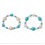 2Pcs 2 Colors Turtle & Starfish Synthetic Turquoise Beaded Stretch Bracelets for Men Women, Mixed Color, Inner Diameter: 2-1/4 inch(5.6cm)(BJEW-JB11656)
