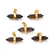 Natural Smoky Quartz Double Terminal Pointed Pendants, Faceted Bullet Charm, with Ion Plating(IP) Golden Plated Brass Findings, 9x15~17x7.5mm, Hole: 3.5x2.5mm(G-P481-01G-06)