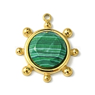 Ion Plating(IP) 304 Stainless Steel Pave Faceted Synthetic Malachite Pendants, Granulated Flat Round Charms, Real 14K Gold Plated, 19.5x17x4.5~6mm, Hole: 1.5mm(FIND-Z028-39C)