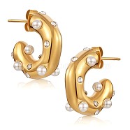 Shell Pearl C-shape Stud Earrings with Clear Cubic Zirconia, 430 Stainless Steel Half Hoop Earrings for Women, Golden, 19x6mm(JE948A)
