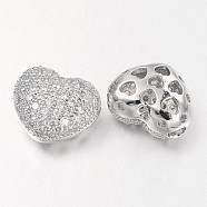 Hollow Heart Brass Micro Pave Cubic Zirconia Beads, Platinum, 11x14x8mm, Hole: 3mm(ZIRC-D074-P)