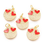 Brass Micro Pave Clear Cubic Zirconia Pendants, Long-Lasting Plated, with Jump Rings & Enamel, Real 18K Gold Plated, Flat Round with Heart Eyes, Red, 16.5x14x2.5mm, Hole: 3mm(X-ZIRC-B0004-16G)