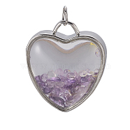 Natural Amethyst Chips Pendants, with Platinum Tone Brass Glass Findings, Heart, 37x32x18~18.5mm, Hole: 6mm(G-A176-B07)