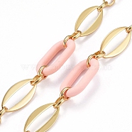 Handmade Brass Oval Link Chains, with Acrylic Linking Rings, Unwelded, Real 18K Gold Plated, Pink, Link: 8.5x6.5x2mm and 24x12x2mm, Acrylic: 27.5x16.5x4.5mm. (CHC-H102-16G-C)