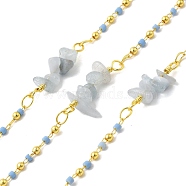 Handmade Brass Round Beaded Chains, with Natural Aquamarine Chips, Seed Beads & Spool, Long-Lasting Plated, Soldered, Lead Free & Cadmium Free, Links: 23x6.5~12x4.5~5mm(CHC-L053-02G)