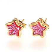 Resin Imitation Druzy Crystal Stud Earrings, with Brass Findings, Star, Golden, Deep Pink, 8x8x4mm, Pin: 0.7mm(EJEW-O081-A05)